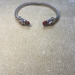 Sterling Silver Cable Cuff Bracelet Bloodstone Accents 7" Long 6 mm Wide 27.8g